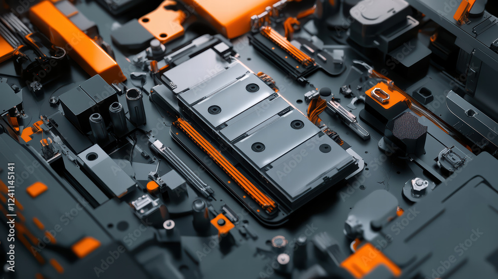 High tech assembly of electric car battery cells with intricate components, showcasing modern industrial design. image highlights advanced technology used in electric vehicles High tech assembly of electric car battery cells with intricate components, showcasing modern industrial design. image highlights advanced technology used in electric vehicles