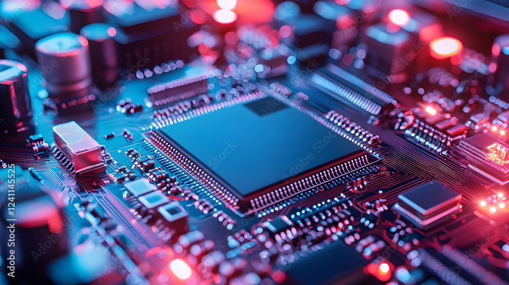Close-up view of a computer circuit board with glowing components and intricate details