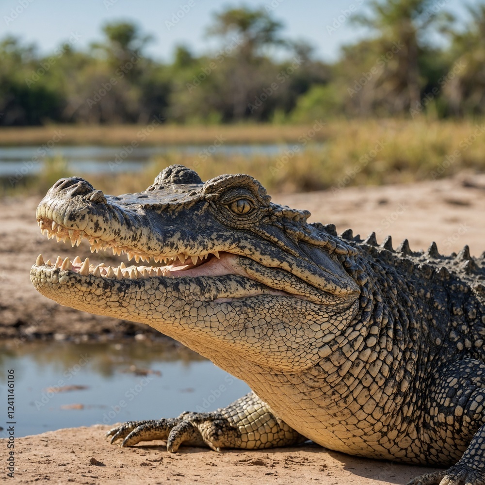 Obraz premium A crocodile basking in the sun, isolated on a white background.