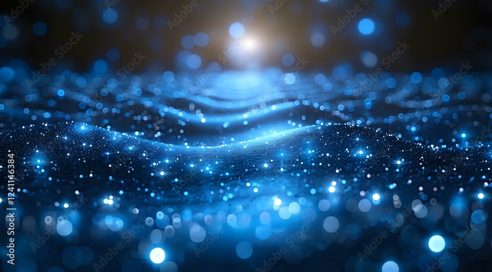 Abstract blue glowing waves with bokeh light effects on dark background, creating magical atmosphere for technology and digital concepts. Abstract blue glowing waves with bokeh light effects on dark background, creating magical atmosphere for technology and digital concepts.