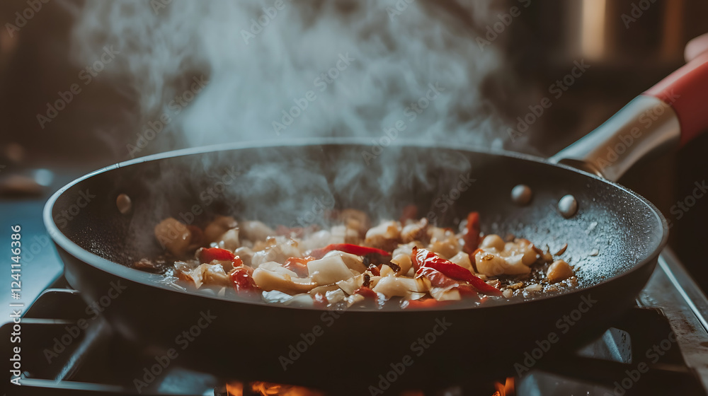 A sizzling pan of garlic and chili peppers being sautéed for a spicy stir-fry dish. A sizzling pan of garlic and chili peppers being sautéed for a spicy stir-fry dish.