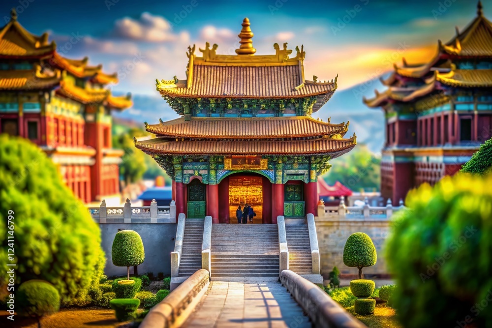 Naklejka premium Miniature Temple Entrance: Whimsical Tilt-Shift Photography