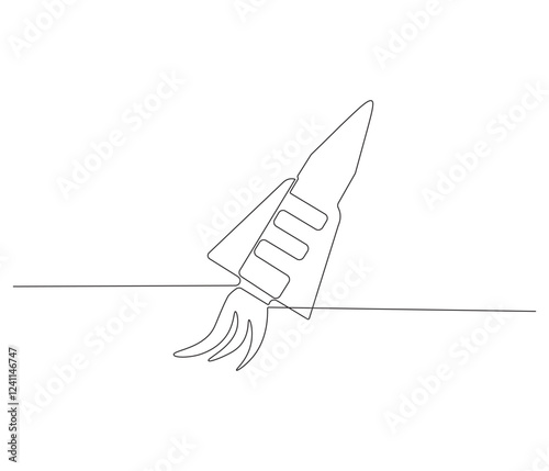 Continuous one line drawing of spacecraft. Single line drawing illustration of Rocket space ship. Rocket concept vector art. Doodle line illustration.
