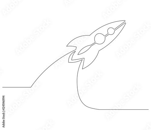 Continuous one line drawing of spacecraft. Single line drawing illustration of Rocket space ship. Rocket concept vector art. Doodle line illustration.
