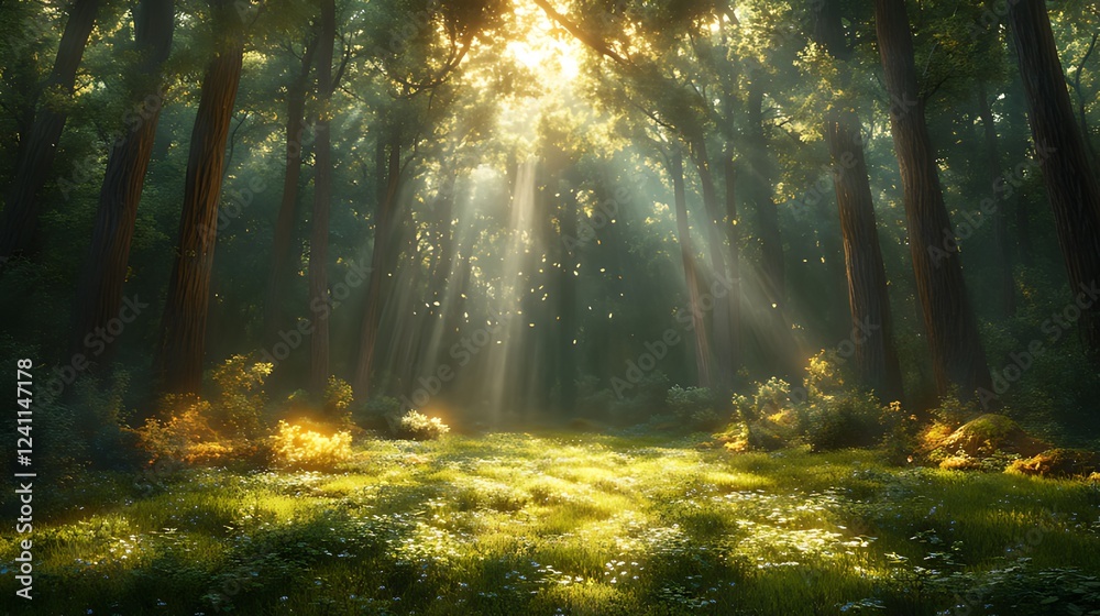 Fototapeta premium Sunbeams illuminate mystical forest clearing; morning light