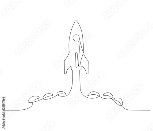Continuous one line drawing of spacecraft. Single line drawing illustration of Rocket space ship. Rocket concept vector art. Doodle line illustration.
