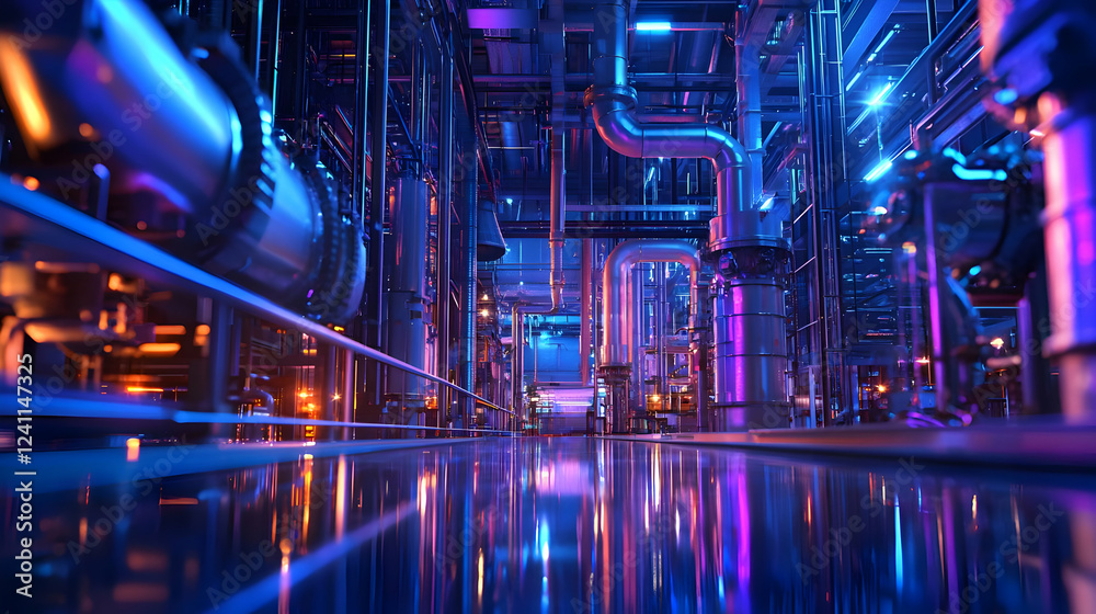 Fototapeta premium Futuristic industrial facility with vibrant lighting and intricate piping systems