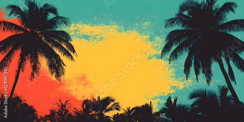 Grunge background with colors in reggae style in an evening feel, complete with coconut tree silhouette and space in the middle for text.