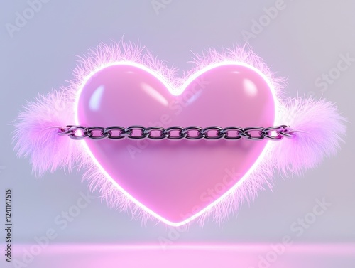 A vibrant, fluffy pink heart encircled by a chain, symbolizing love and connection.