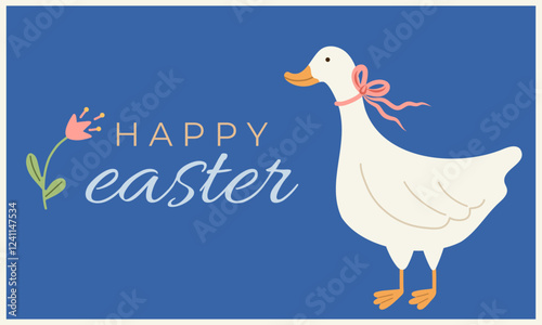 Happy Easter Greeting Card with goose and bow, flower. Vector flat illustration on dark blue background