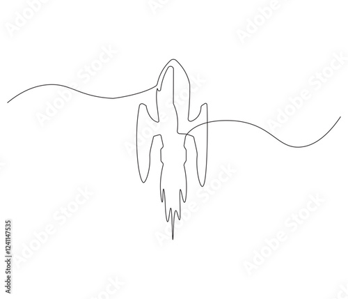 Continuous one line drawing of spacecraft. Single line drawing illustration of Rocket space ship. Rocket concept vector art. Doodle line illustration.
