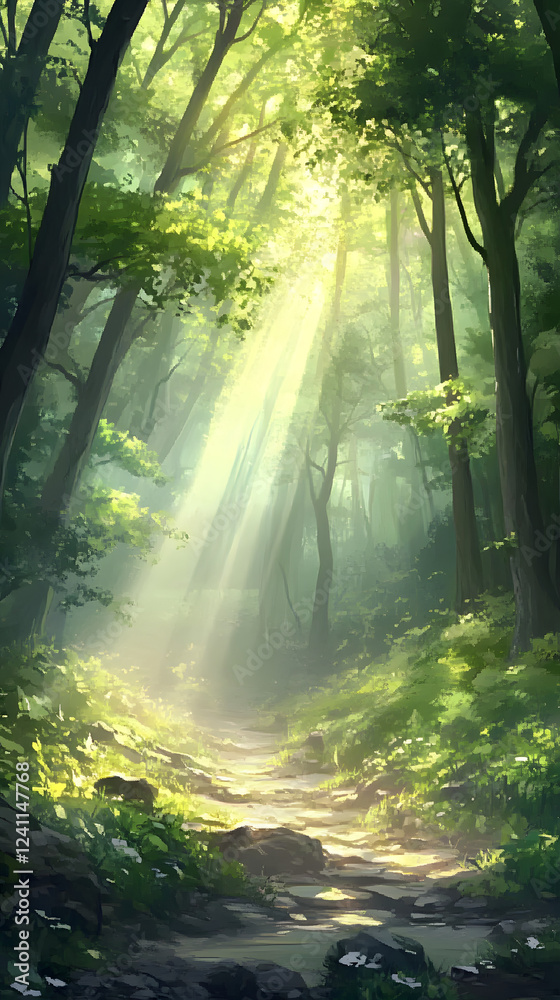 Fototapeta premium Sunlight Piercing Mist in a Tranquil Forest Clearing