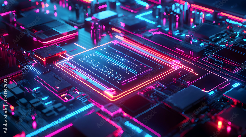 Futuristic circuit board with vibrant neon lights showcasing technology Futuristic circuit board with vibrant neon lights showcasing technology
