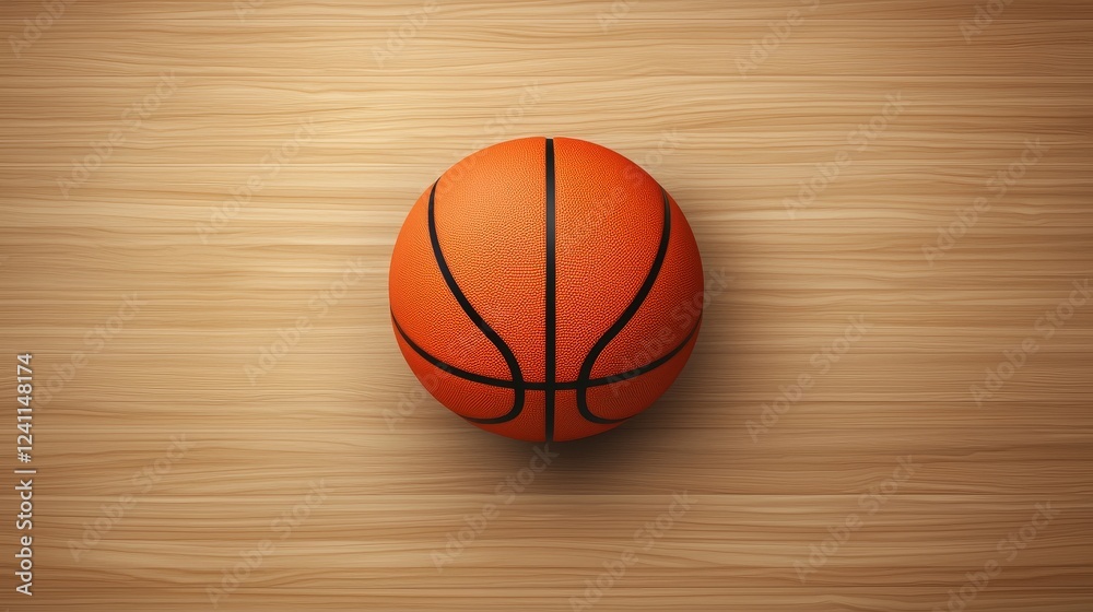 Detailed top view of an orange basketball resting on a clean brown court surface, designed with negative space for text placement Detailed top view of an orange basketball resting on a clean brown court surface, designed with negative space for text placement