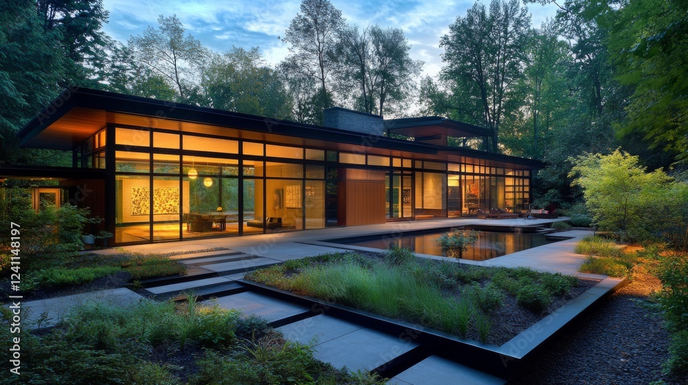 A sleek modern house with a flat roof, large glass panels, and minimalist landscaping, blending seamlessly with nature, showcasing clean lines and open spaces. A sleek modern house with a flat roof, large glass panels, and minimalist landscaping, blending seamlessly with nature, showcasing clean lines and open spaces.