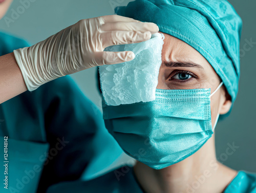 Heart failure treatment care concept. A healthcare professional with a mask and cap is being treated, showing concern and care during a medical procedure.