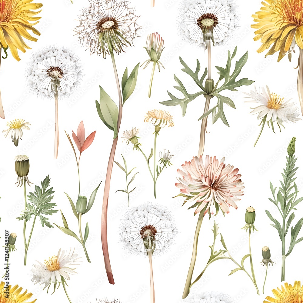 Obraz premium Colorful floral pattern featuring various wildflowers on a white background