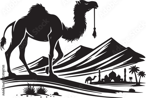 camel on desert silhouette background vector illustration