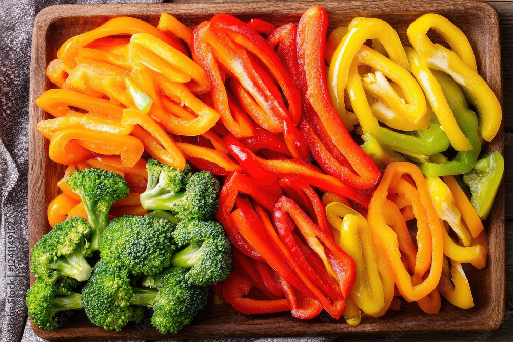 Sliced red, yellow, and orange bell peppers with broccoli on a wooden tray Sliced red, yellow, and orange bell peppers with broccoli on a wooden tray
