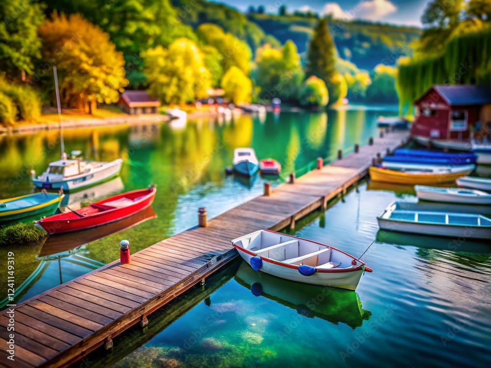 Obraz premium Miniature Lakeside Landing: Tilt-Shift Photography of a Peaceful Harbor