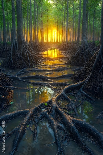 A serene scene of a mangrove forest at sunset, featuring dense green foliage and intricate tree roots emerging from the reflective water, creating a tranquil atmosphere.