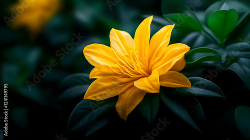 A vibrant yellow flower standing out against rich green leaves, symbolizing beauty and nature's brilliance. photo