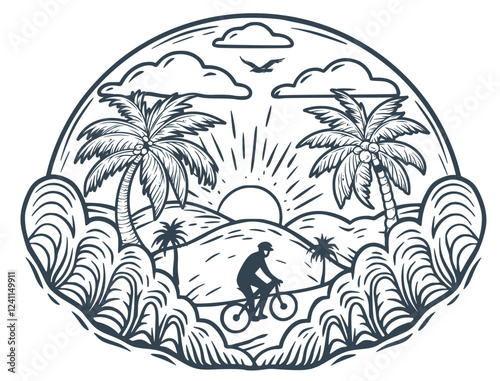 Monochromatic illustration featuring a cyclist enjoying a scenic ride along a tropical coastline at sunset, surrounded by palm trees, ocean waves, and a tranquil atmosphere