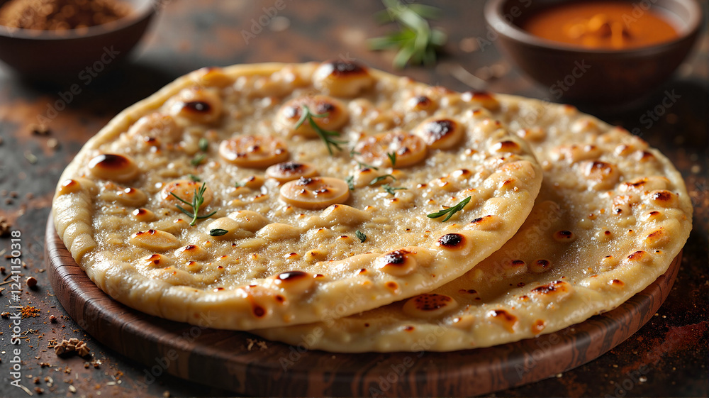 Golden-brown chapati on rustic wooden countertop, culinary art Golden-brown chapati on rustic wooden countertop, culinary art