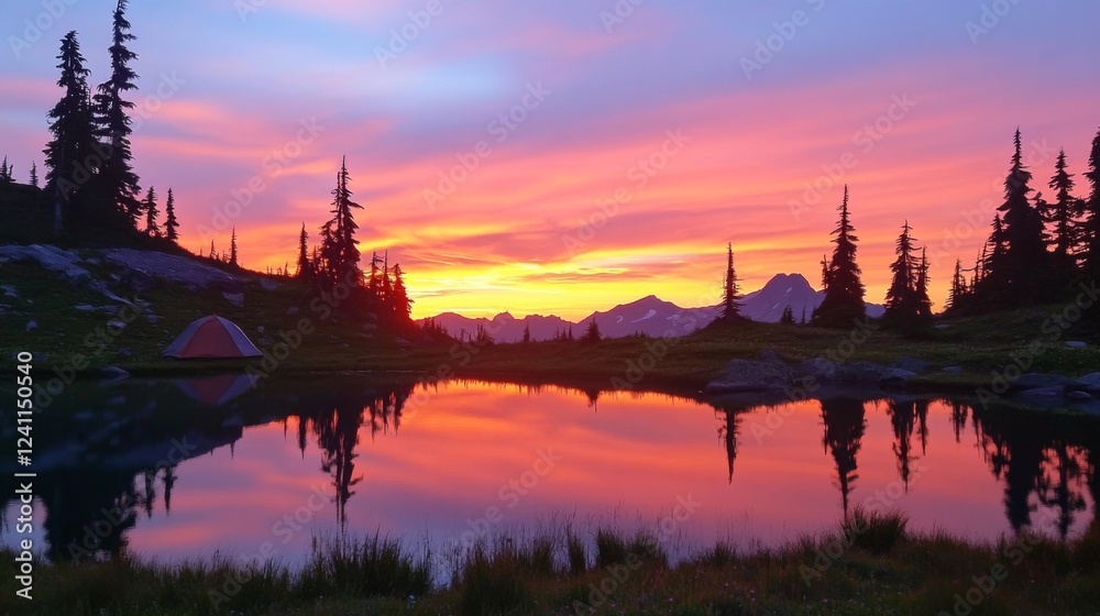 Fototapeta premium A stunning sunrise over a mountain campsite, with a tent in the foreground and the vibrant colors of dawn reflecting on a nearby lake, creating a breathtaking view.