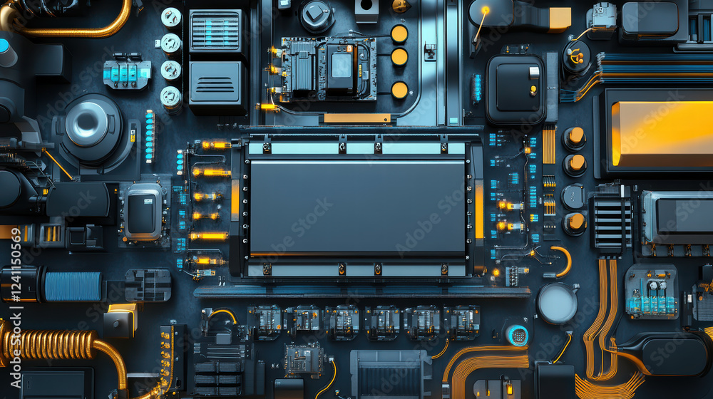 Fototapeta premium close up view of complex circuit board featuring various electronic components, including chips, capacitors, and connectors, illuminated with blue and orange lights, showcasing modern technology