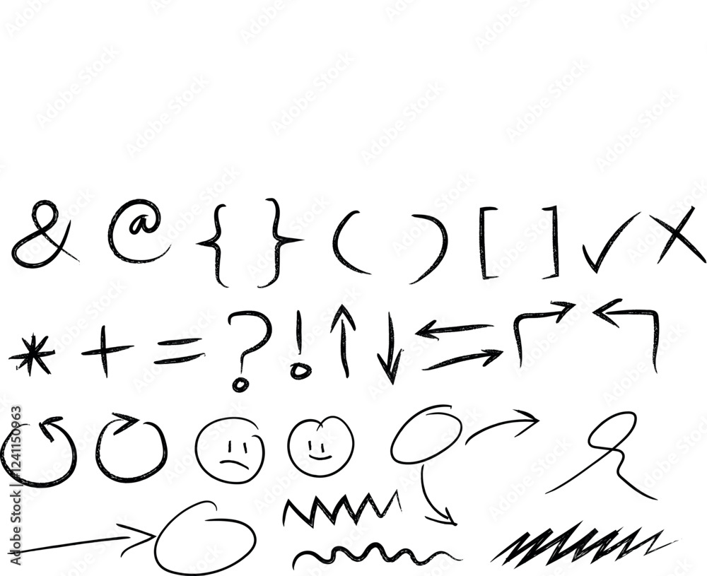 Set of punctuation, brackets, plus, equals, and arrow doodle hand drawn Set of punctuation, brackets, plus, equals, and arrow doodle hand drawn