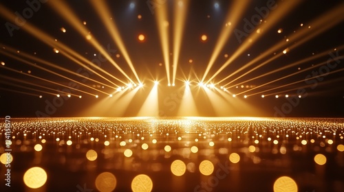 Dreamy blur of a grand hall, dimly lit with focused stage lights, capturing the ambiance of a large seminar or concert event photo