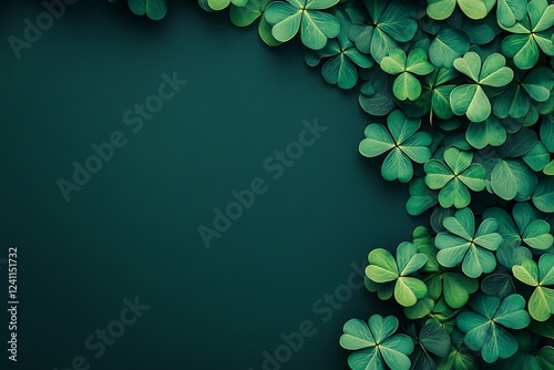Fresh Clover Leaves Arranged on a Dark Green Background. St. Patrick's Day celebration banner template.