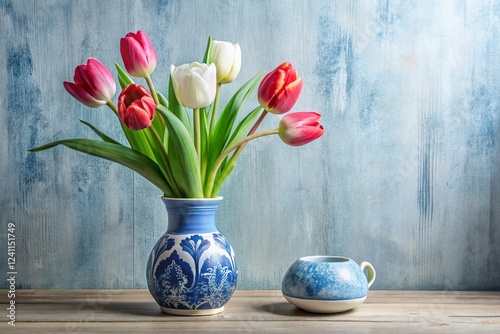 Wallpaper Mural Minimalist Still Life: Blue & White Porcelain with Tulips Torontodigital.ca