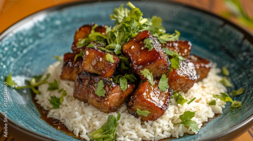 A traditional Thai dish featuring pork belly cooked in a savory sauce, served on a vibrant plate with jasmine rice and fresh herbs, showcasing local flavors. A traditional Thai dish featuring pork belly cooked in a savory sauce, served on a vibrant plate with jasmine rice and fresh herbs, showcasing local flavors.