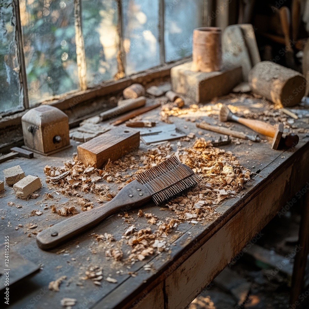 Rustic Woodworking Workshop Counters with Tools and Shavings Rustic Woodworking Workshop Counters with Tools and Shavings