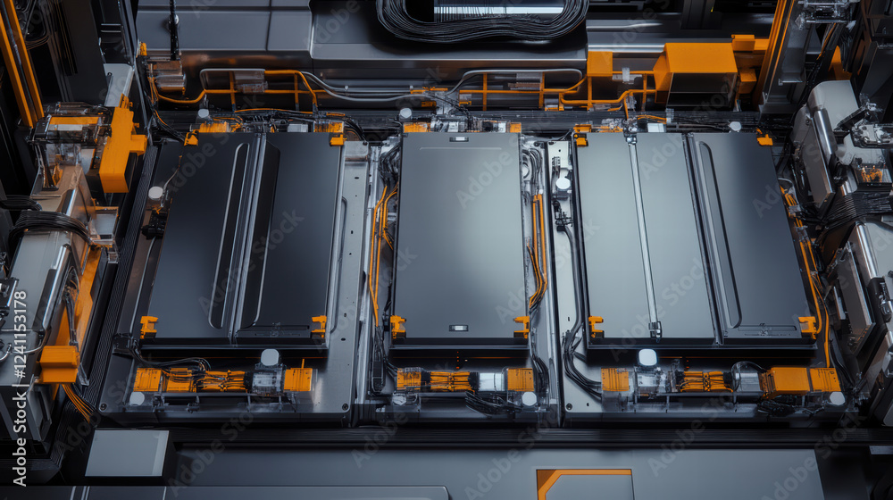 Fototapeta premium close up view of electric car battery cells in assembly line, showcasing advanced technology and intricate wiring. image highlights modern design and efficiency of electric vehicle components