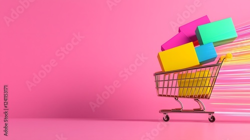 A glowing shopping cart with vividly colored packages appearing to levitate surrounded by soft light trails emphasizing the modern and futuristic nature of e commerce