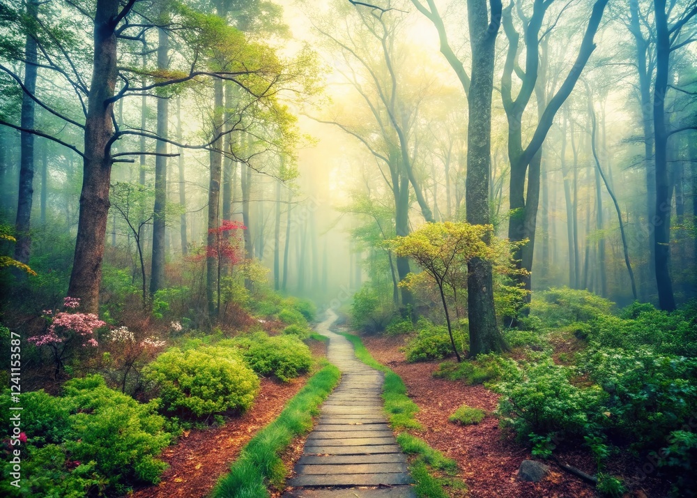 Obraz premium Misty Spring Hike: Stokes State Forest, New Jersey Vintage Photo