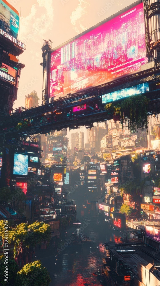 Obraz premium A high-tech bazaar in a cyberpunk city bustling with androids, hackers, and traders. The bridge above is lined with massive holographic billboards, casting vibrant colors onto the street below. The