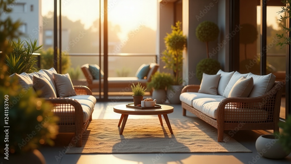 Fototapeta premium Cozy design of modern Balcony In The Morning, cinematic photography