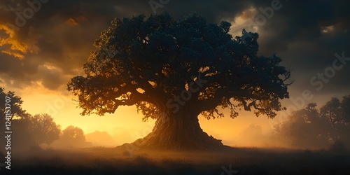 Majestic tree silhouetted against a vibrant sunset, showcasing intricate branches and a sturdy trunk. The scene embodies tranquility and natural beauty in a serene landscape.