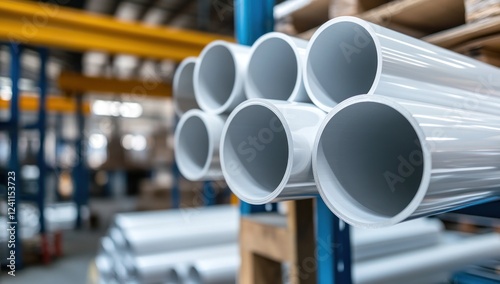 Industrial White Pipes Stock Close Up in Warehouse