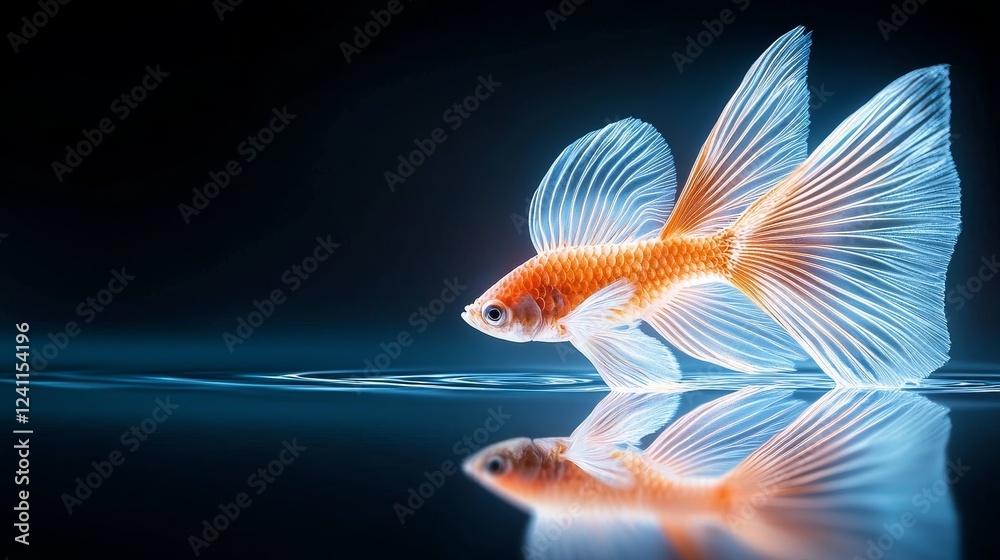 Fototapeta premium Elegant blur of orange and white Siamese fighting fish, fins captured mid-flow against a jet-black background with negative space