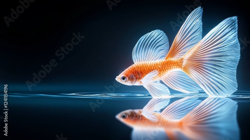 Elegant blur of orange and white Siamese fighting fish, fins captured mid-flow against a jet-black background with negative space photo