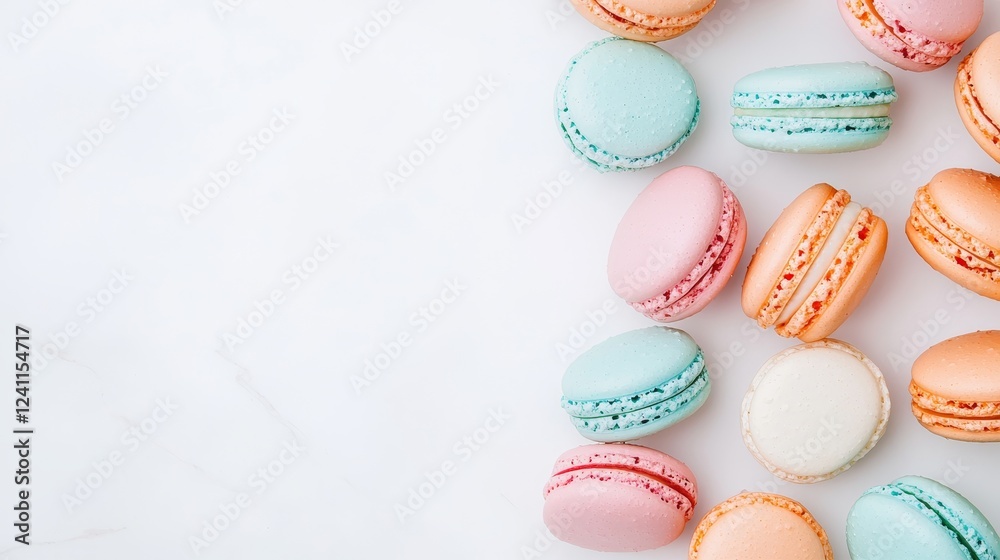 Elegant close-up of colorful macaroons, stacked and overlapping slightly on a pristine white surface for a minimalist yet indulgent look