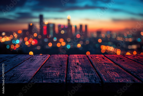 Urban twilight showcases vibrant city lights reflecting on weathered wood photo