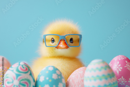 Cute baby chick wearing glasses surrounded by colorful Easter eggs