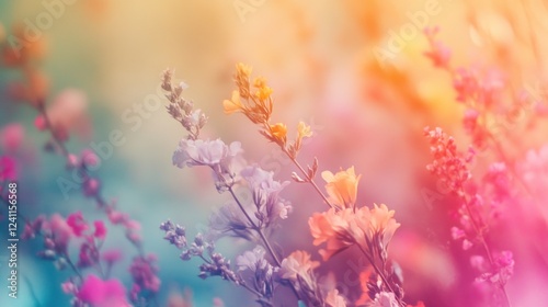 Whimsical pastel gradient floral transition with soft light and delicate flowers