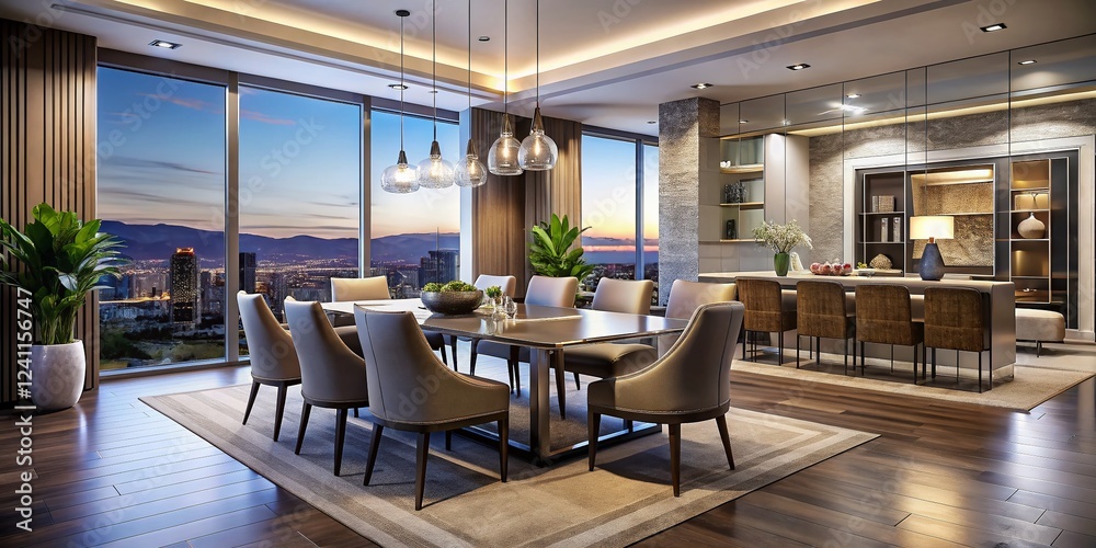 Modern Las Vegas Dining Room: Tech-Infused Design with Ample Copy Space Modern Las Vegas Dining Room: Tech-Infused Design with Ample Copy Space